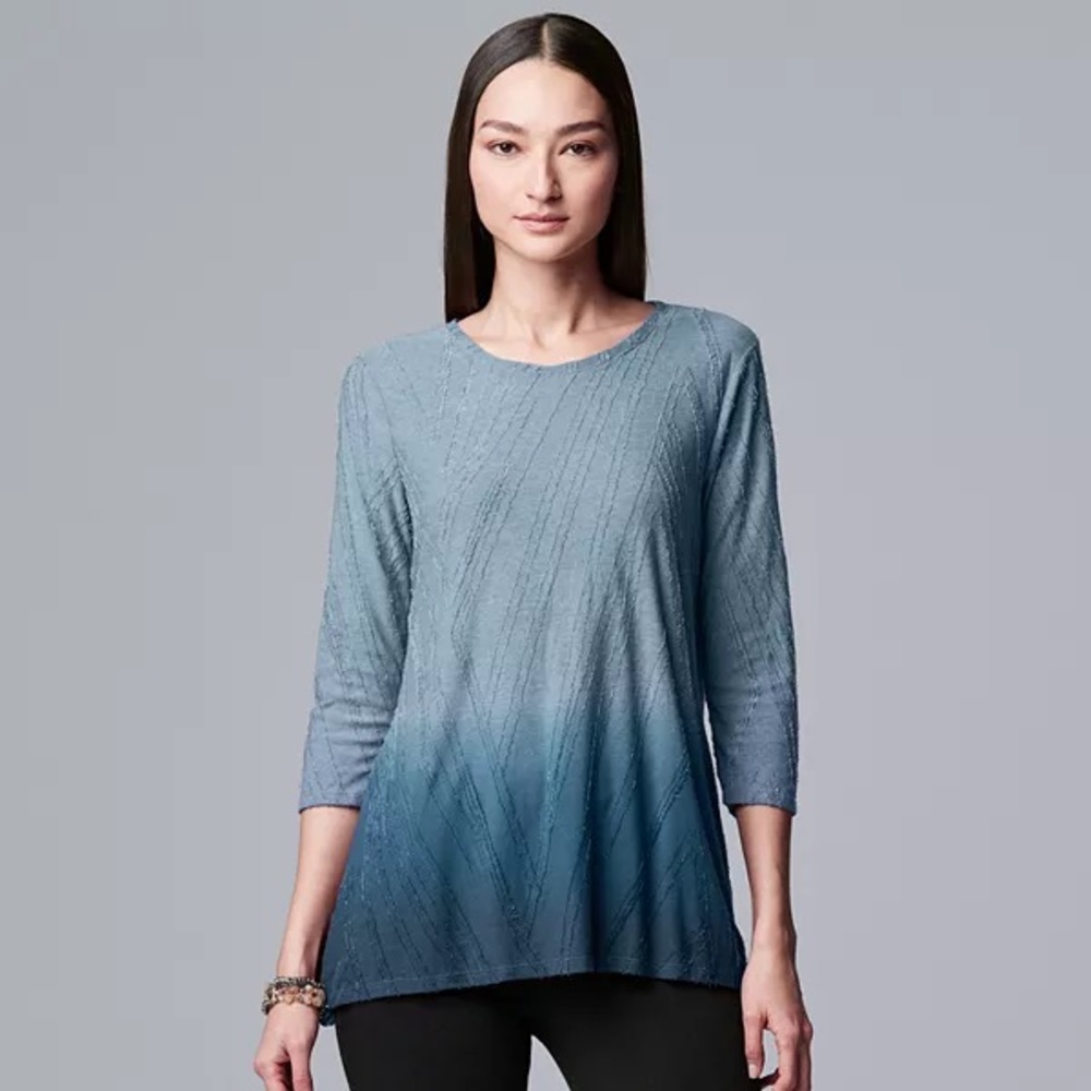 Petite Textured Asymmetrical Top Blue ombré three quarter sleeve Star Shine